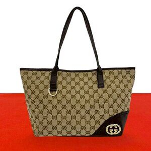 GUCCI GG canvas tote bag handbag Boston brown